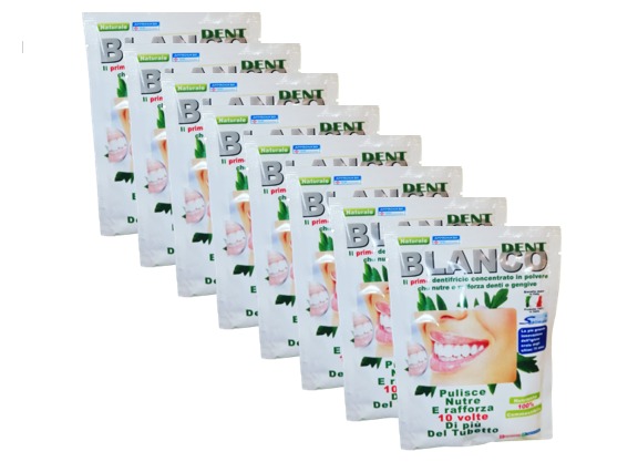 8 bustine di dentifricio in polvere 100% commestibile e naturale.