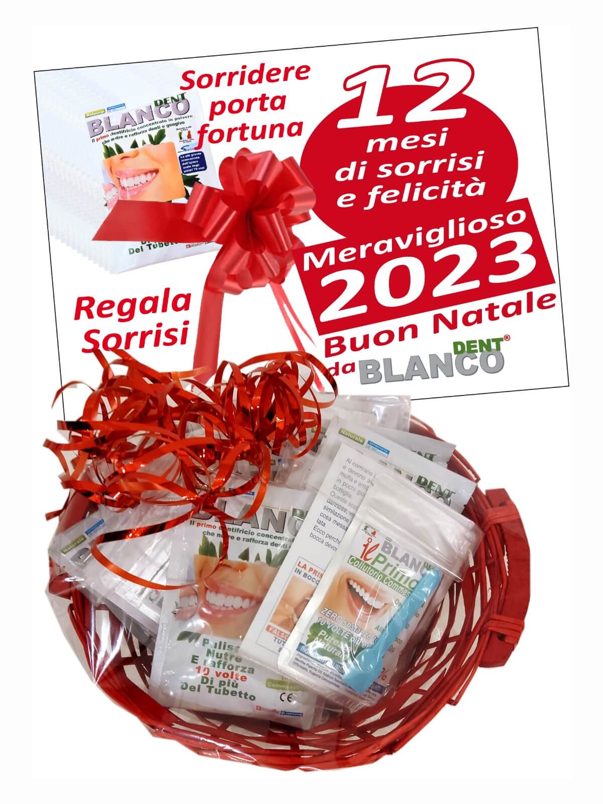 12 Mesi di Sorrisi e Felicità cesta con 12 buste ricarica 4 spazzolini 4 collutori e 4 omaggi con busta a clip per amici e parenti